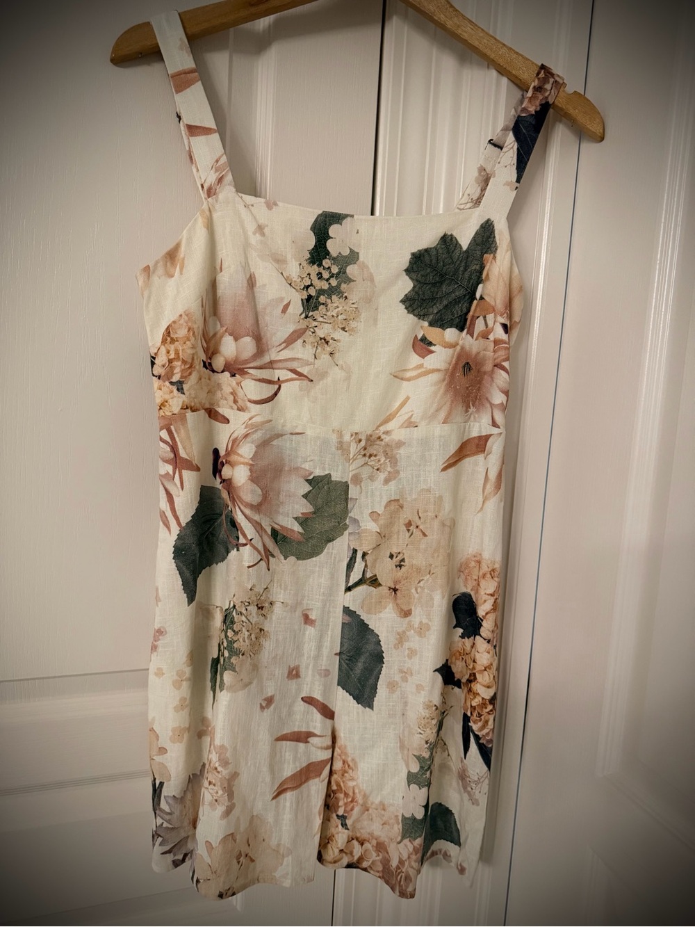 Express Cream Floral Linen Romper with Green Leaf Print